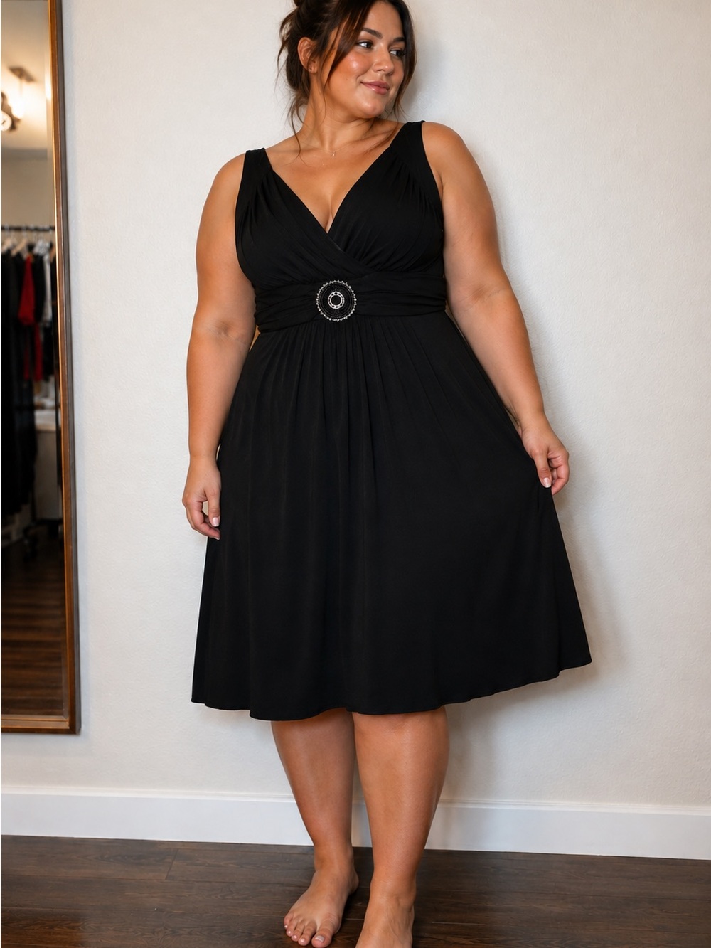 Enfocus Studio Black V-Neck Midi Dress with Decorative Waist Buckle